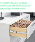 Telescoping Drawer Rails With Soft Close, Beefy And Heavy Duty Stainless Steel Slides, installed in a white cabinet