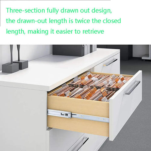 Telescoping Drawer Rails With Soft Close, Beefy And Heavy Duty Stainless Steel Slides, installed in a white cabinet
