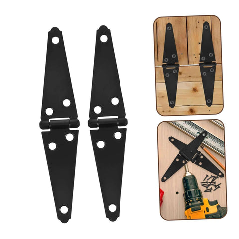 Front view of two black metal heavy-duty gate hinges for barn doors, with mounting holes