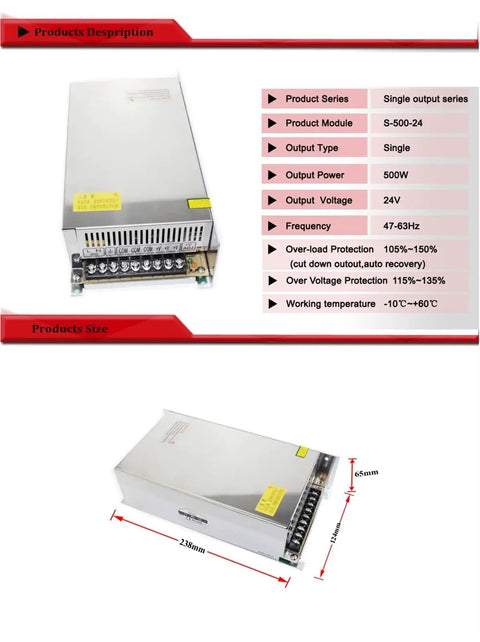 Powerful 500W 24V 20A Single Output Switch Mode Power Supply For LED Lighting Systems SMPS Driver S50024, dimensions displayed