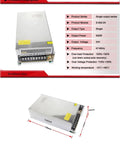 Product image of Powerful 500W 24V 20A Single Output Switch-Mode Power Supply LED SMPS Driver With Stable Regulation And Overload Protection S-500-24, showing dimensions and specifications chart.
