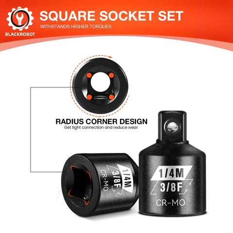 Two Piece Three Eighths Female To One Quarter Male Impact Socket Adapter Set in Chrome Moly Steel with laser markings
