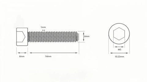 Top Shelf M6 X 14mm Socket Head Cap Screws Stainless Steel 18-8 304 dimensions, hex drive details and full thread design.