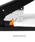 Close-up of Heavy Duty Long Arm Stapler Handles Two Hundred Ten Sheets Like A Champ showing adjustable paper stop.