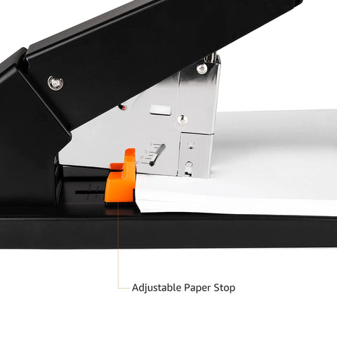 Close-up of Heavy Duty Long Arm Stapler Handles Two Hundred Ten Sheets Like A Champ showing adjustable paper stop.