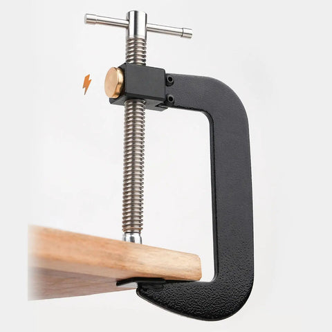 Beefy Fast Release 4 Inch G Clamp For Workshop Projects, Steel With Anti Rust Finish, Quick Slide Jaw For Easy Adjustments, Trapezoidal Thread For Strong Holding Power, Heavy Duty Woodworking And Metalworking Clamp holding wood board