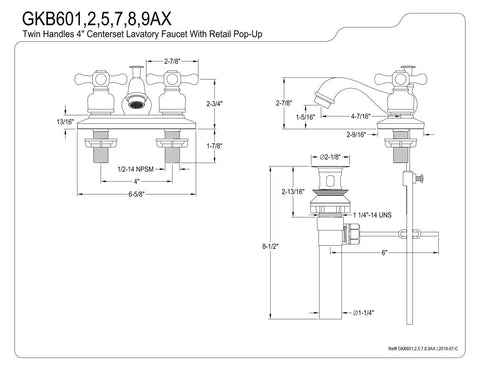 Technical diagram of Restoration Teapot 4-Inch Centerset Lavatory Faucet in Brushed Nickel with dimensions and pop-up details.