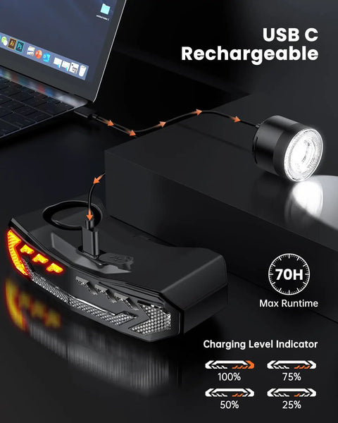 Wireless Remote Bike Light Set USB C charging with front headlight and rear taillight, turn signals, brake light, alarm horn.