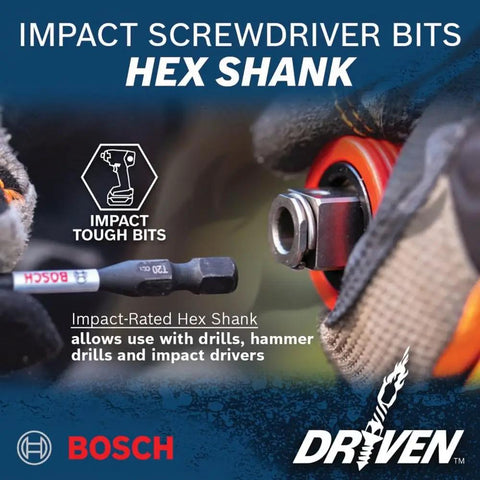 Close-up of Driven Impact Screwdriving 45-Piece Set In Custom Case 50X Longer Bit Life with hex shank detail.