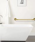 Straight Up Heavy Duty Brushed Gold Grab Bar 32 Inch Shower Safety Handrail Anti Slip Knurled Grip Wall Mount Support For Seniors installed near a modern bathtub.
