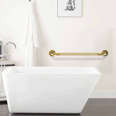 Straight Up Heavy Duty Brushed Gold Grab Bar 32 Inch Shower Safety Handrail Anti Slip Knurled Grip Wall Mount Support For Seniors installed near a modern bathtub.