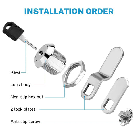 Exploded view of Five Eighth Inch Cabinet Cam Lock Set Keyed Alike Five Pack Cylinder Locks for File Drawers and more in chrome finish.