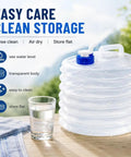 Foldable Water Container With Spigot For Camping And Hiking, clear storage on table with blue cap and easy-pour spout