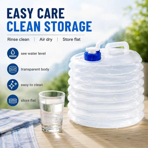 Foldable Water Container With Spigot For Camping And Hiking, clear storage on table with blue cap and easy-pour spout