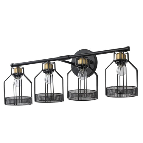 Industrial Farmhouse 4 Light Vanity Sconce With Vintage Edison Bulbs Black Metal Cage Shade Wall Mounted Bathroom Lighting