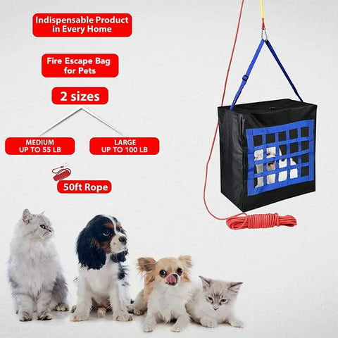 Pet Fire Escape Bag For Dogs And Cats Up To 55 Pounds With 50 Foot Rescue Rope Emergency Survival Kit, black bag with blue mesh and rope