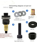 Pro Grade Rivet Nut Mandrel Kit With Seven Interchangeable Mandrels M3 Through M12 And 210 Galvanized Rivet Nuts For Built To Last, Stable Clamping And Quick, Easy Riveting In Metal Fabrication Projects. Exploded pull nut head diagram with mandrel, washers and rivet nut
