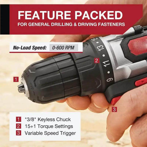 Straight Up No Sweat Cordless Drill With Variable Speed Lithium Ion Battery And Charger Set For Quick Home Repair Jobs featuring keyless chuck and speed settings.