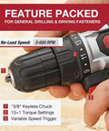 Rugged Cordless Drill With Variable Speed Gears And Solid Lithium Ion Battery Kit Includes Fast Charger showing keyless chuck and torque settings.