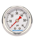 Front view of fuel pressure gauge, 1.5-inch dial, white face, 0–60 psi, red needle, chrome bezel, MEASUREMAN logo