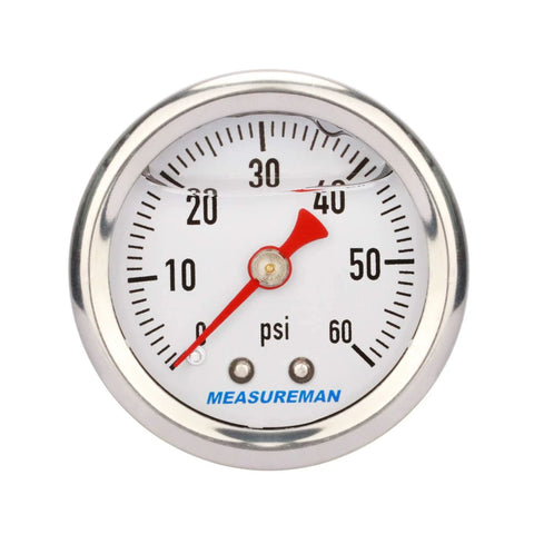 Front view of fuel pressure gauge, 1.5-inch dial, white face, 0–60 psi, red needle, chrome bezel, MEASUREMAN logo