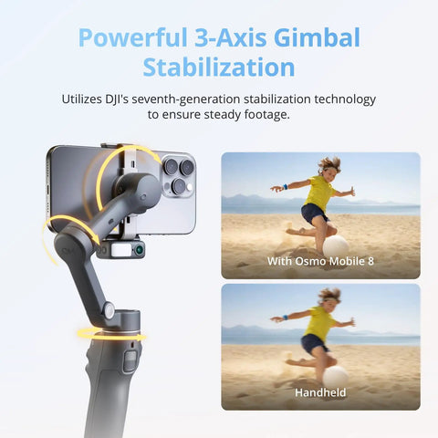 Osmo Mobile 8 Advanced Tracking Gimbal for phone with AI native tracking, stabilizing a smartphone for smooth action shots.