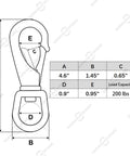 Diagram of Beefy Large Stainless Steel Swivel Snap Hooks 4.6 Inch Heavy Duty Boat Clips Two Pack with dimensions and load capacity.