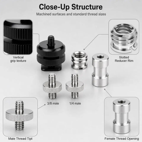 Close-up of Badass 22 Piece Camera Mount Screw And Adapter Set With 1/4 To 3/8 Tripod Reducers, showing various thread types and textures.
