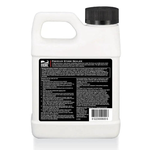 Back label of Premium Stone Sealer Water Based Formula for Natural Stone and Tile Surfaces Seals Against Stains and Spills with Invisible Barrier Go To Easy Application Pint Size 16 Oz.