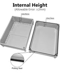 IP67 Waterproof Junction Box Outdoor Enclosure Made From Durable ABS Plastic Beefy Heavy Duty Dustproof And Weather Resistant Project Box For Electrical Installations Gray Finish 15 By 11 By 7 Inch Exterior With Big Inner Space showing internal dimensions and potting seal