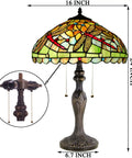 Tiffany Style Stained Glass Table Lamp Dragonfly Motif In Green And Red, 16 Inch Shade, 24 Inch Tall Antique Reading Light, Brown Resin Base