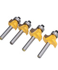 Get The Best Router Bit Set For Your Woodworking Projects With This 4 Piece Round Over Flush Trim Tool Kit Featuring Carbon Steel 1/4 Inch Shank Bits, four yellow and steel router bits.