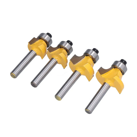 Get The Best Router Bit Set For Your Woodworking Projects With This 4 Piece Round Over Flush Trim Tool Kit Featuring Carbon Steel 1/4 Inch Shank Bits, four yellow and steel router bits.