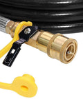 Six Foot Propane Hose With Regulator Quick Connect For RV Grills And Heaters Quarter Inch Female Quick Connect To Acme Nut shown close-up