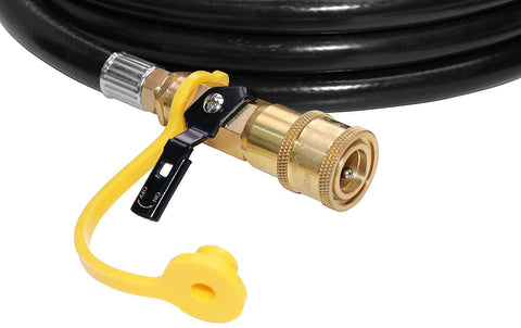 Six Foot Propane Hose With Regulator Quick Connect For RV Grills And Heaters Quarter Inch Female Quick Connect To Acme Nut shown close-up