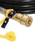 Close-up of brass fitting on 12 Foot Propane Hose With Regulator For RV Grills And Heaters, Low Pressure Quick Connect To 1/4 Inch Female Or Acme Nut.