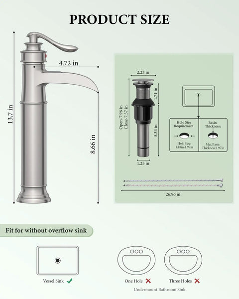 Tall Vessel Sink Faucet With Waterfall Spout Brushed Nickel Finish Single Lever Handle 1 Hole Install Pop Up Drain Size Chart