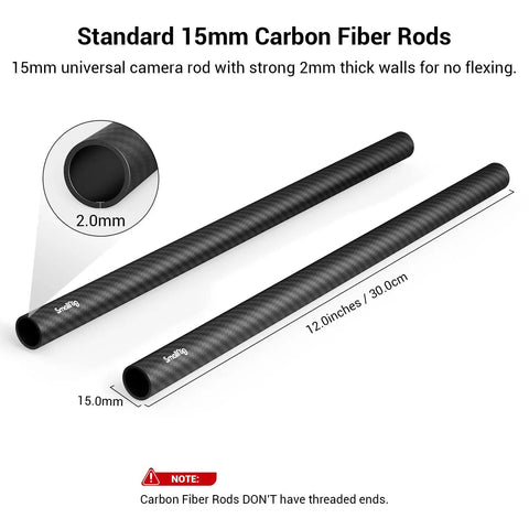 Hella Lightweight 15mm Carbon Fiber Camera Support Rods 12 Inches showing two rods with smooth matte finish and thick walls for durability.