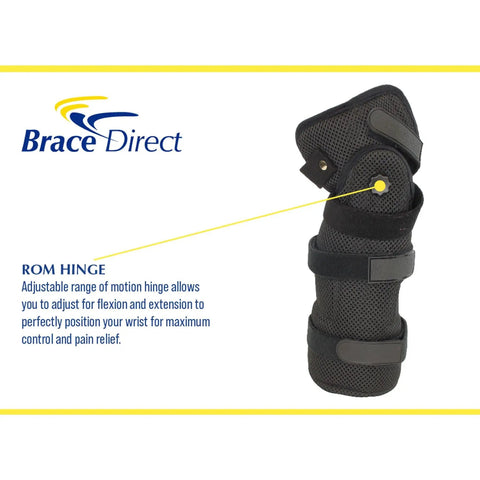 Ambidextrous Wrist Brace With Adjustable Malleable Aluminum Cuffs For Wrist Forearm And Arm Support Relieves Carpal Tunnel Tendonitis Pain All Day Comfort Universal Left Or Right Fit showing ROM hinge
