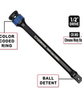 Five Piece One Half Inch Drive Torque Limiting Extension Bar Set With Color Coded Ends For Easy Use Pro Grade Built From Impact Grade Chrome Molybdenum Steel With Black Finish Spring Loaded End Ball Torque Settings 65 To 140 Ft Lbs 90 To 190 Nm showing a bar with color coded ring and ball detent