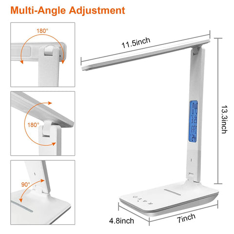 Desk Lamp With Wireless Charger And USB Port, Dimmable LED Table Light With Clock, Alarm, Date And Temperature, Foldable Arm For Desk, Bedside Or Office, Eye Caring Frosted Shade, White shown at various angles