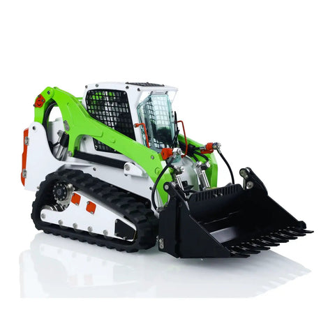 Badass Hella Smooth Large Scale RC Hydraulic Skid Steer Loader Ready To Run Remote Control Crawler Truck With Durable Metal Build and gnarly all terrain grip, detailed view of front bucket.