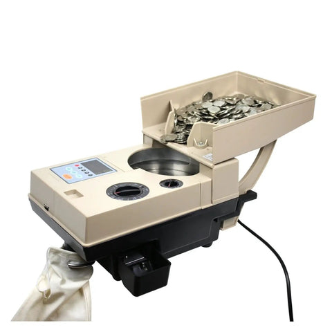High Performance Money Counter Machine Automatic Coin Sorter Plug And Play Cash Handling Tool For Small Business Hustle Hassle Free Counting Up To 1500 Pieces Per Minute Ninja Speed Currency Sorting Gear with coins in tray.