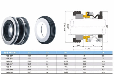 Front and side views of I.D. 3/8 to 1 in mechanical shaft seal for self priming pump; metal housing with elastomer.