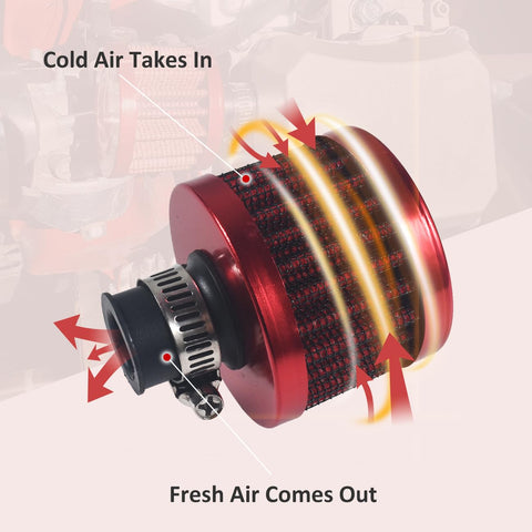 Diagram of Two Pack 12mm Universal Red Cone Air Filter showcasing airflow for car and motorcycle cold air intake upgrade.