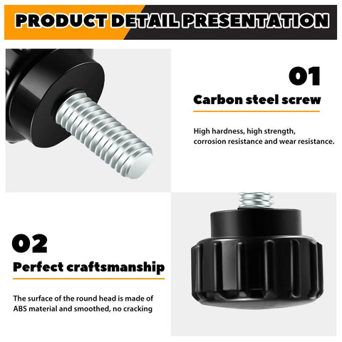 Tough As Nails M6 By 10 Millimeter Threaded Knurled Thumb Screws Crafted From Premium Carbon Steel For Monitor Mounts and Camera Gear detail image showing the screw's head and threaded design.