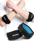 Person wearing Elbow Brace Duo Pack For Tennis And Golfer's Elbow Pain Relief, Adjustable Velcro Straps, Breathable Compression Gel Pad