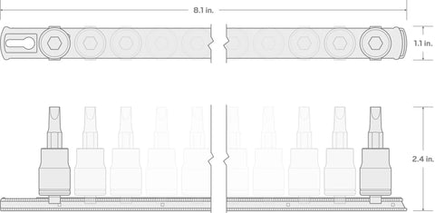 Technical drawing of Three Eighths Inch Drive Phillips And Slotted Bit Socket Set With Rail, Eight Piece, measurements shown