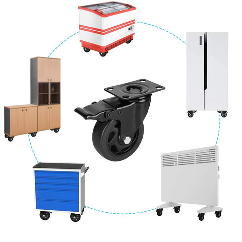 4 Inch Caster Wheels Set of 4 Heavy Duty Rubber Plate Casters Load Capacity Up To 1200lbs shown with various furniture applications.