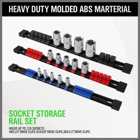 Heavy Duty Socket Rail Organizer Set Nine Piece Kit With Quarter Inch Clips Forty Eight Three Eighths Inch Clips